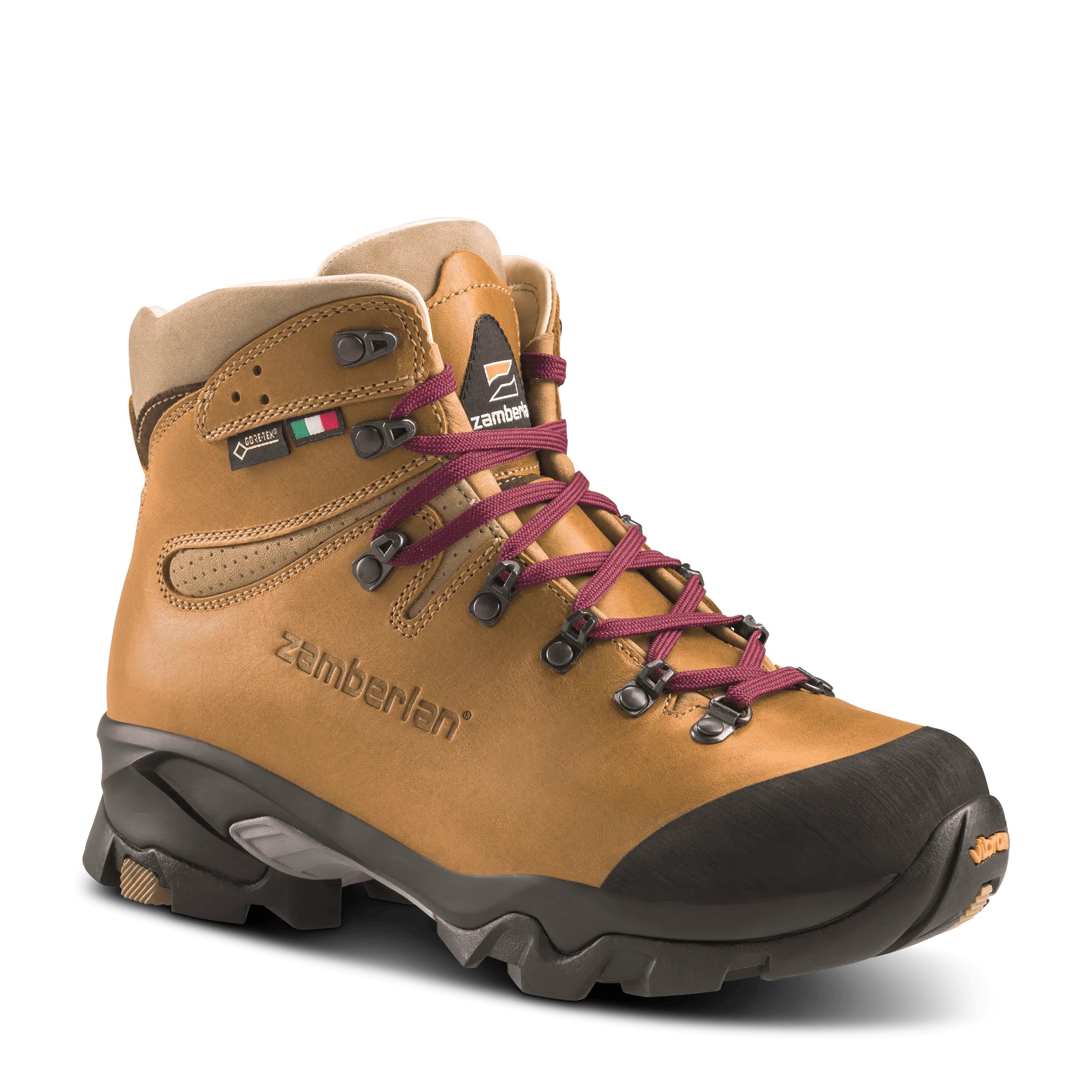 Zamberlan Vioz Lux GTX RR WNS - women's hiking and backpacking boots in camel with cranberry laces