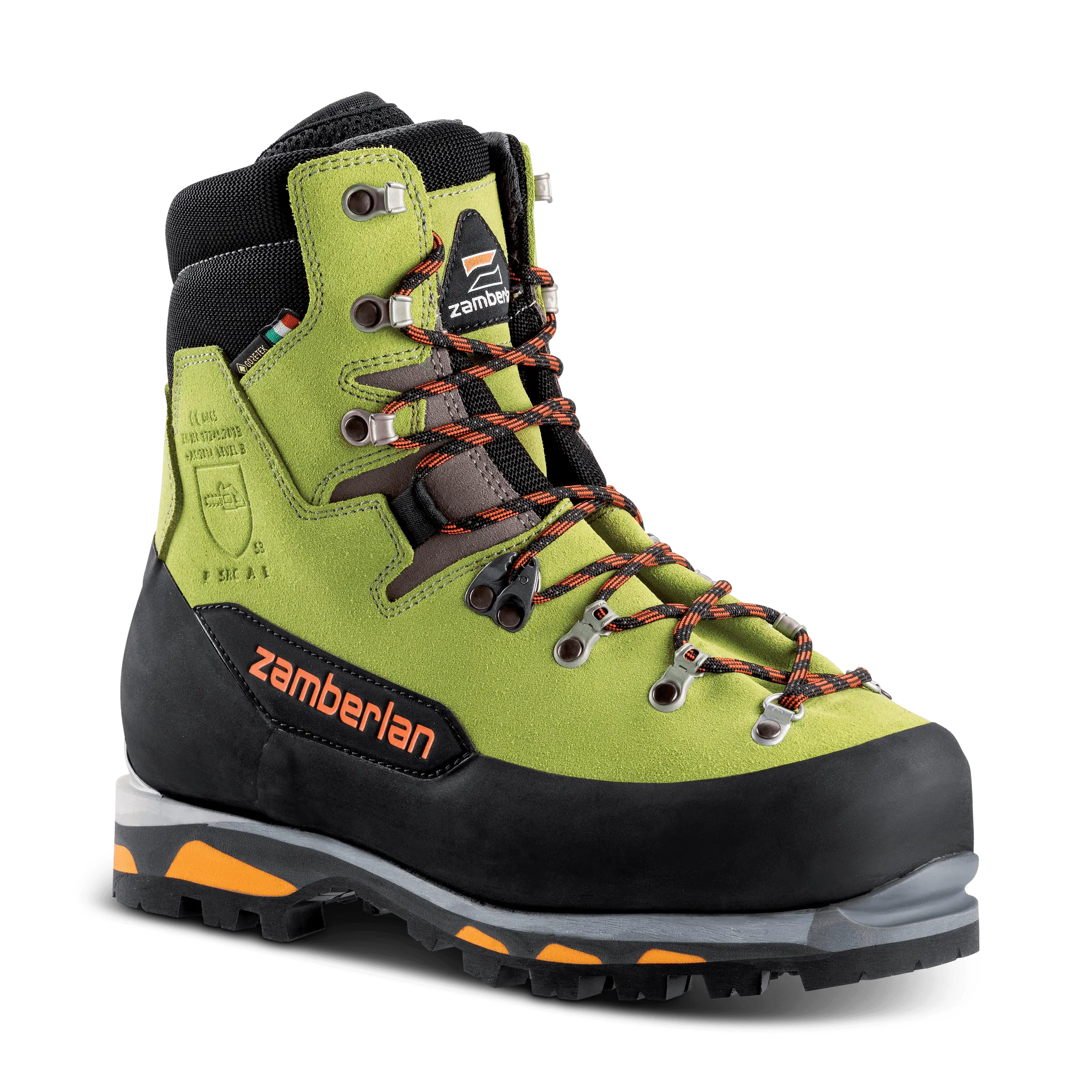 Zamberlan Logger Pro GTX RR S3 - men's ISO certified mountain logging and lineman boots in acid green. 