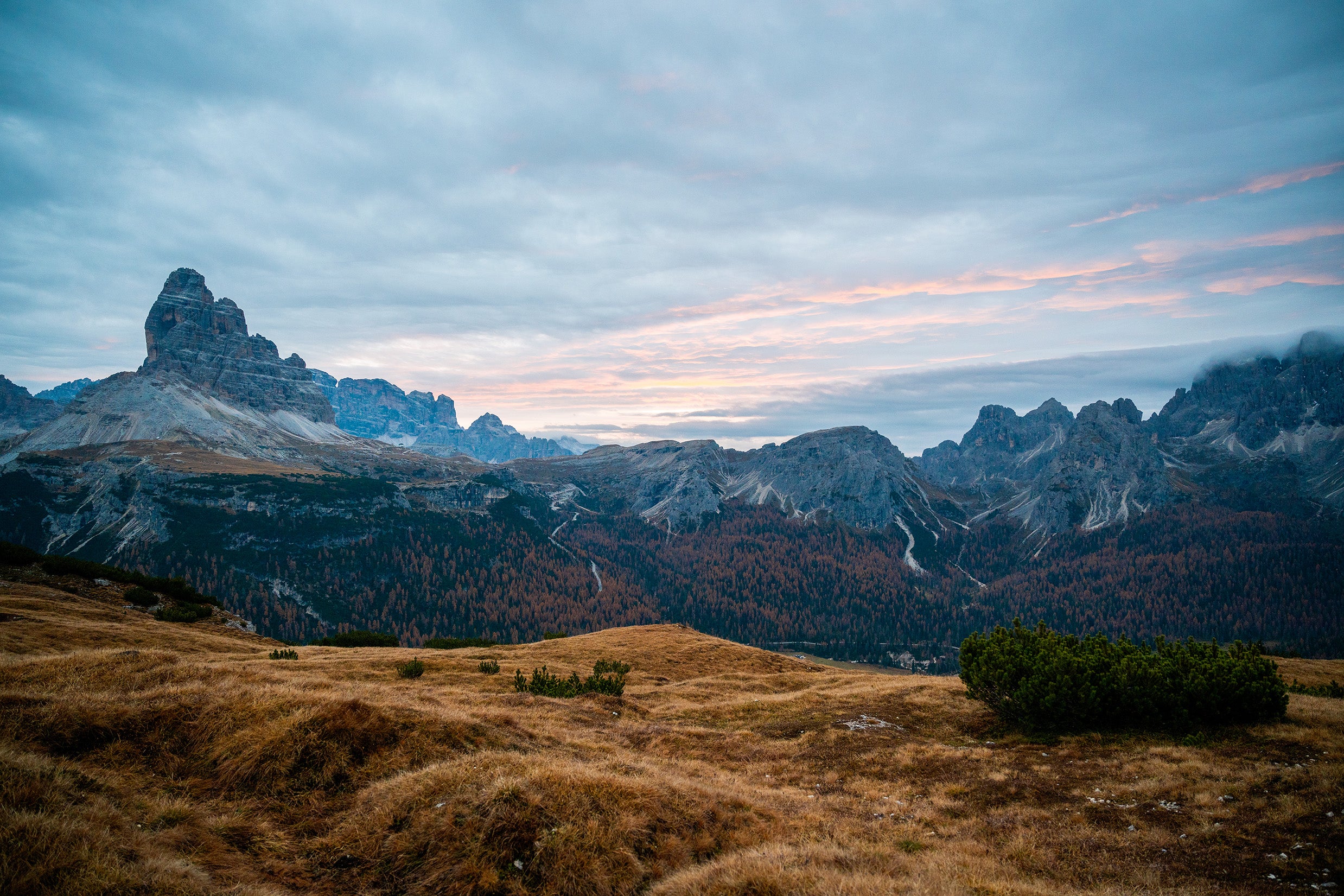 Panorama view of Monte Piana in Italy at sunrise. 